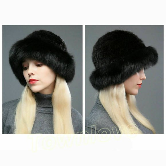 NWT Black Knitted real FOX Fur Trimmed FUR Hat- Stunning! - Picture 1 of 6